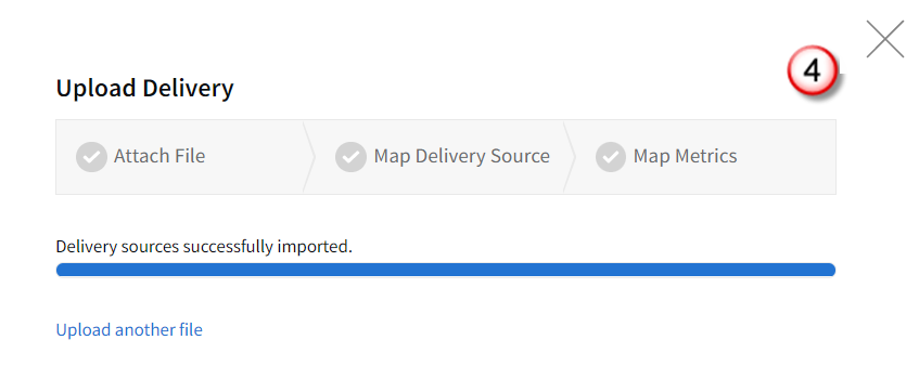 Map Metrics tab on the Upload Delivery modal showing the import success message with the Close button highlighted.